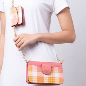 Coach Poppy Crossbody With Garden Plaid Print Gold/Taffy Multi
